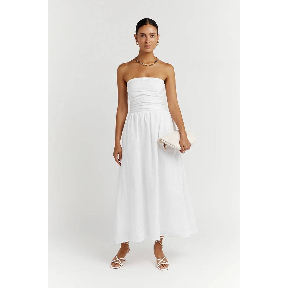 Dissh Lexi White Linen Strapless Midi Dress Pleated Smocked Back Size 6 NEW